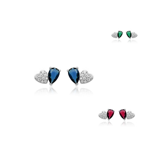 Sterling Silver Micropave Heart With Colored Pear CZ Stud Earring