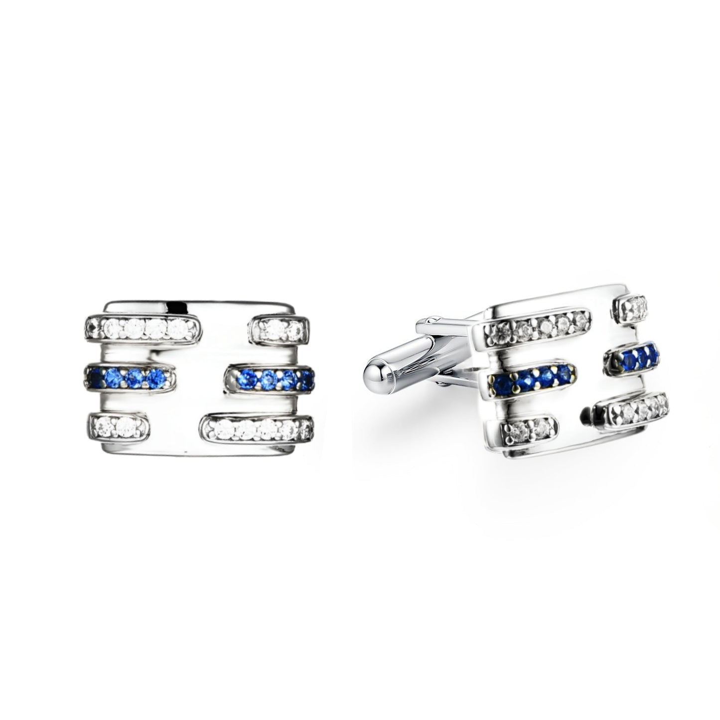 Sterling Silver With Clear and Sapphire CZ Lines Cufflinks