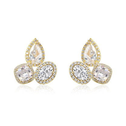 Sterling Silver CZ Halo Around Three Stone Stud Earring