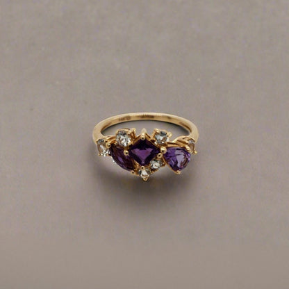 14K Yellow Gold Amethyst and White Topaz Ring