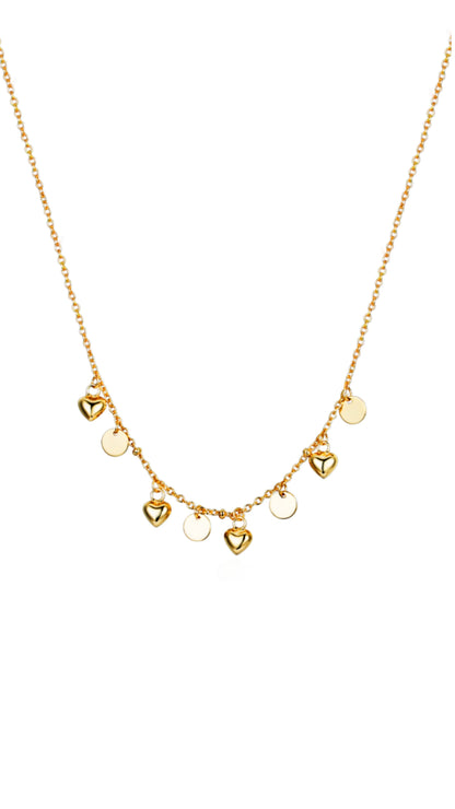 Sterling Silver Gold Plated Dangling Circles and Hearts Necklace