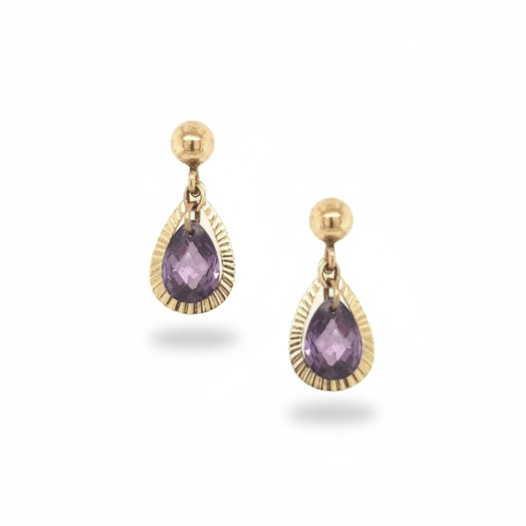 14k Gold Open Teardrop With Purple CZ in Center On Screwback Post Earring