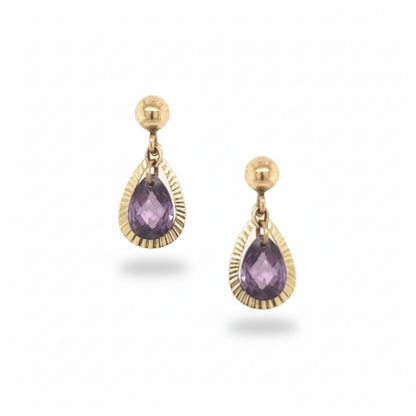 14k Gold Open Teardrop With Purple CZ in Center On Screwback Post Earring