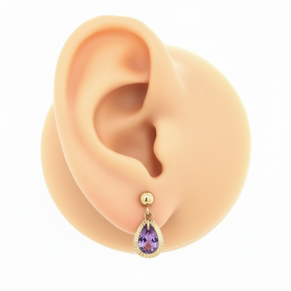 14k Gold Open Teardrop With Purple CZ in Center On Screwback Post Earring