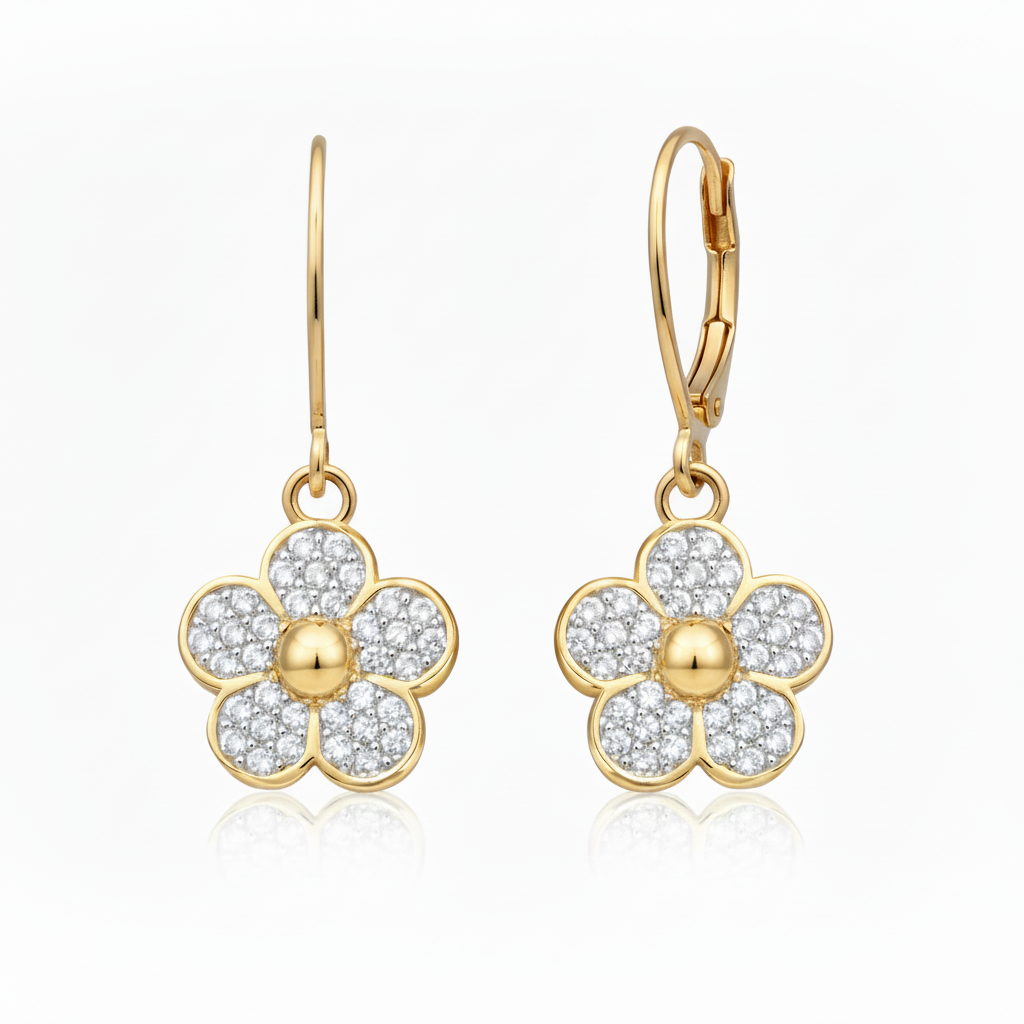 Gold Plated Surgical Steel Micropave Flower CZ Earrings