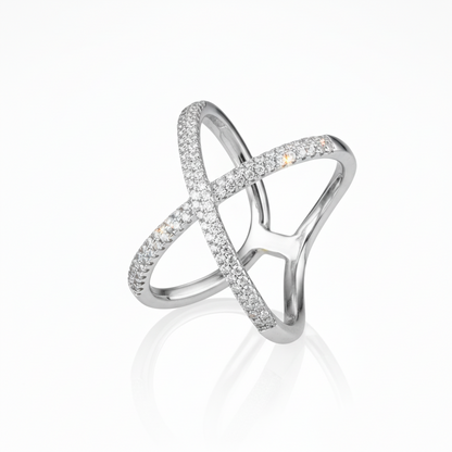 Sterling Silver Double Row CZ Crossover Elegant Ring