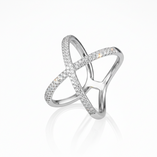 Sterling Silver Double Row CZ Crossover Elegant Ring