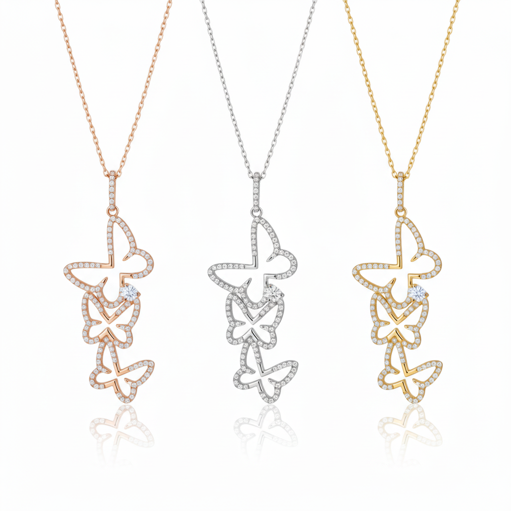 Sterling Silver Cascading CZ Butterfly Pendant Necklace