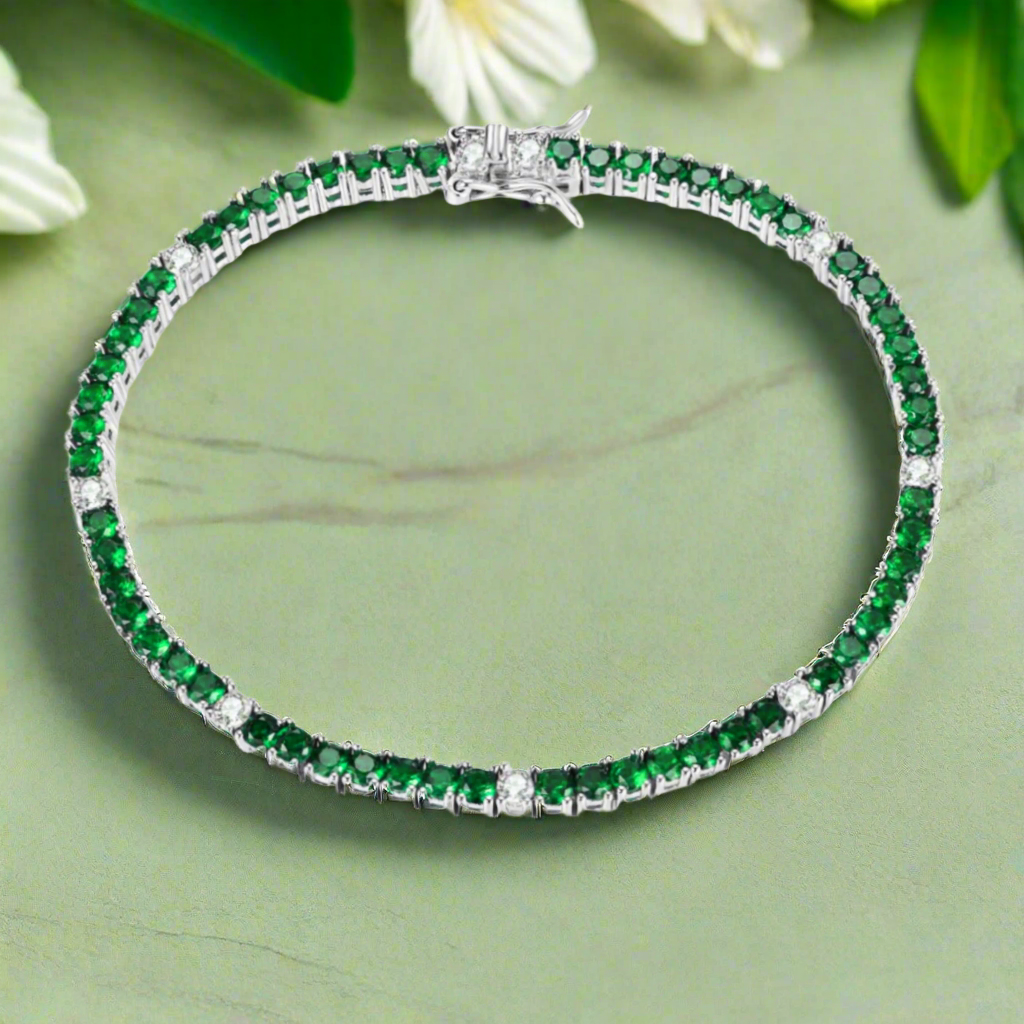 Sterling Silver Ruby, Emerald, Sapphire, or Black Colored CZ Stone Bracelet