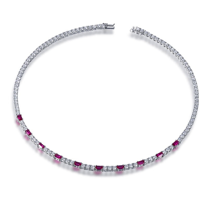 Sterling Silver Tennis Necklace With Interspersed Ruby or Sapphire CZ Stones