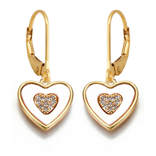 Gold Plated Surgical Steel Framed Mother of Pearl Heart with Center Micropave Heart Earrings