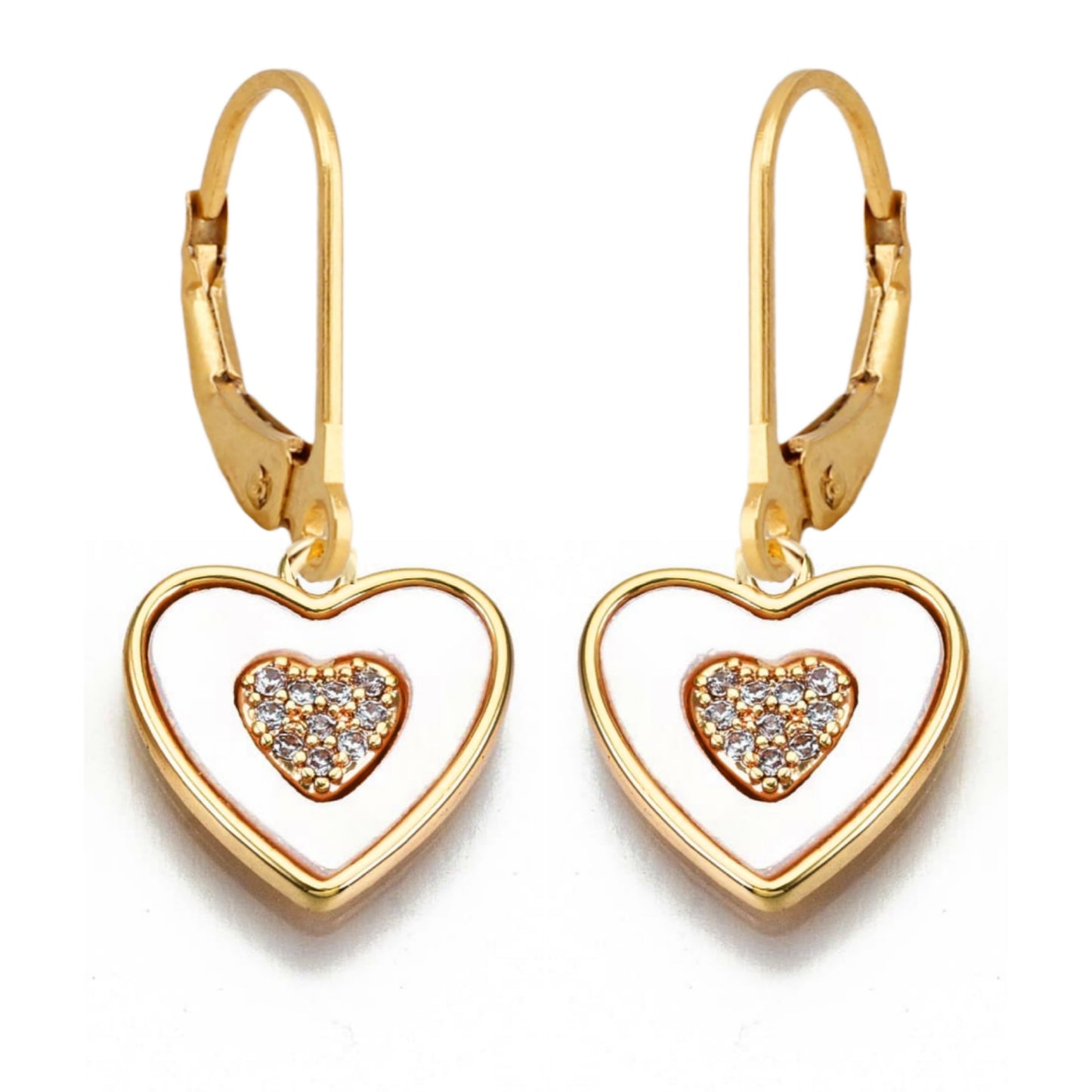 Gold Plated Surgical Steel Framed Mother of Pearl Heart with Center Micropave Heart Earrings