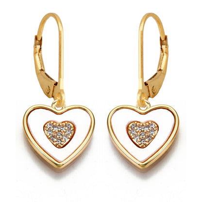 Gold Plated Surgical Steel Framed Mother of Pearl Heart with Center Micropave Heart Earrings