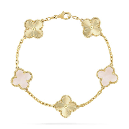 14k Gold Alternating Pink Mother of Pearl and Sunburst Gold with Beaded Border Clover Bracelet