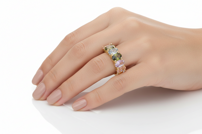 Gold Plated Sterling Silver Multicolor Oval Eternity Band Ring