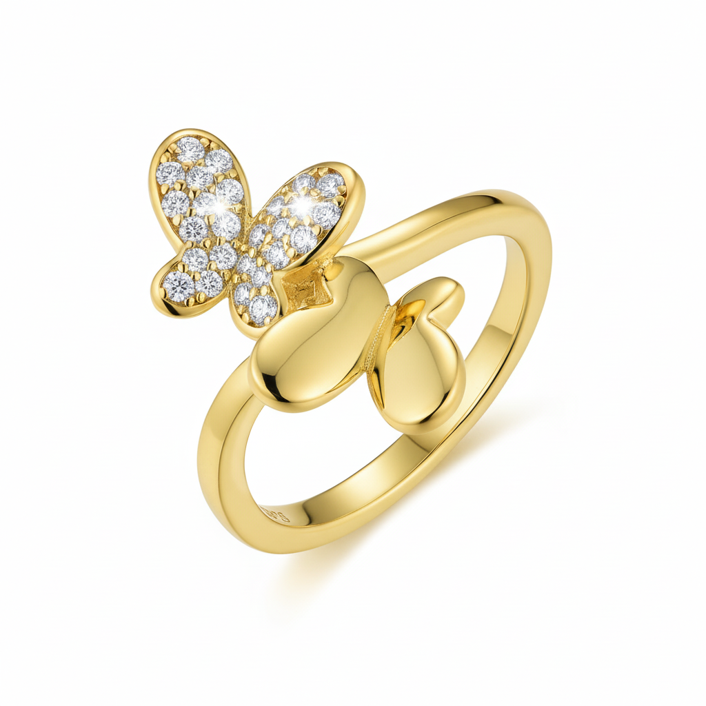 Gold Plated Sterling Silver Shiny Double Butterfly Ring