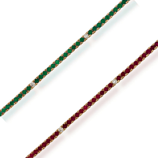 14K Gold Ruby or Emerald, and Diamond Bracelet