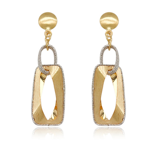 14K Brushed Gold Dangling Rectangle Diamond Cut  Earrings