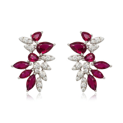 Sterling Silver Ruby and Clear CZ Cluster Stud Earring