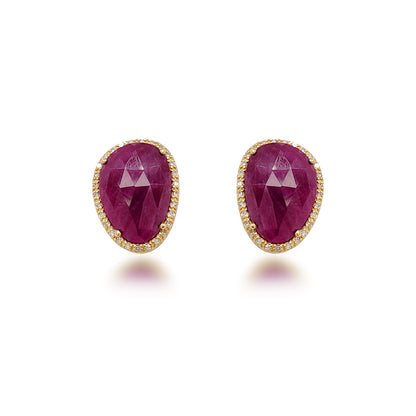 10K Gold Ruby and Diamond Natural Shaped Stud Earring