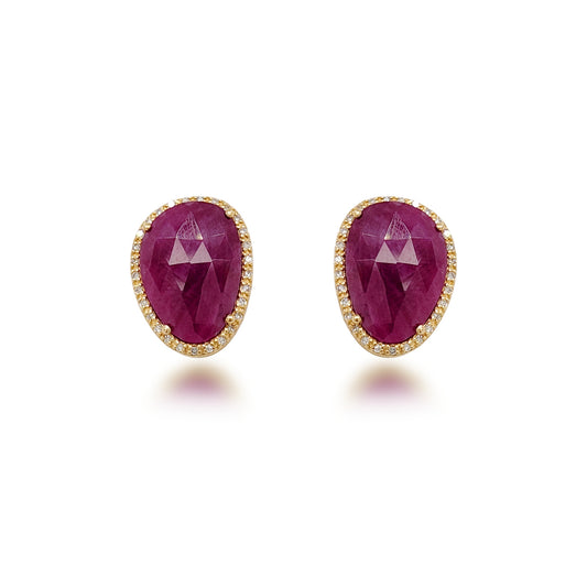 10K Gold Ruby and Diamond Natural Shaped Stud Earring