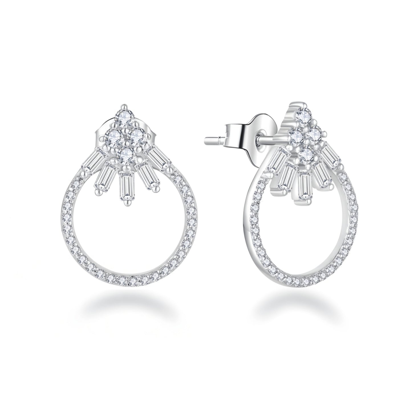 Sterling Silver Micropave Round and Baguette CZ Stud Earrings