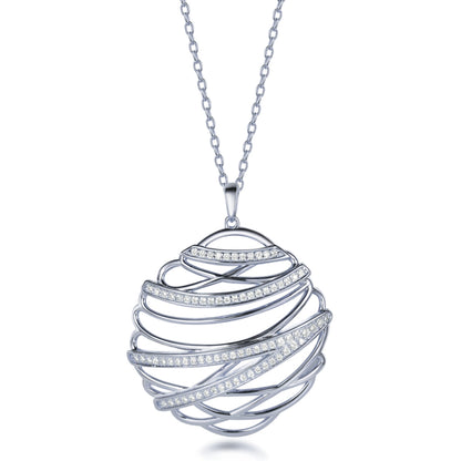 Sterling Silver Overlapping Curved Lines Micropave  Pendant Necklace