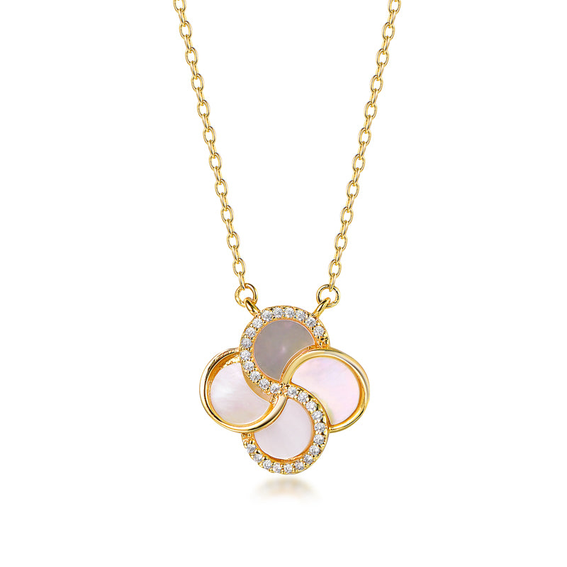 Gold Plated Sterling Silver Mother of Pearl with CZ Clover Necklace
