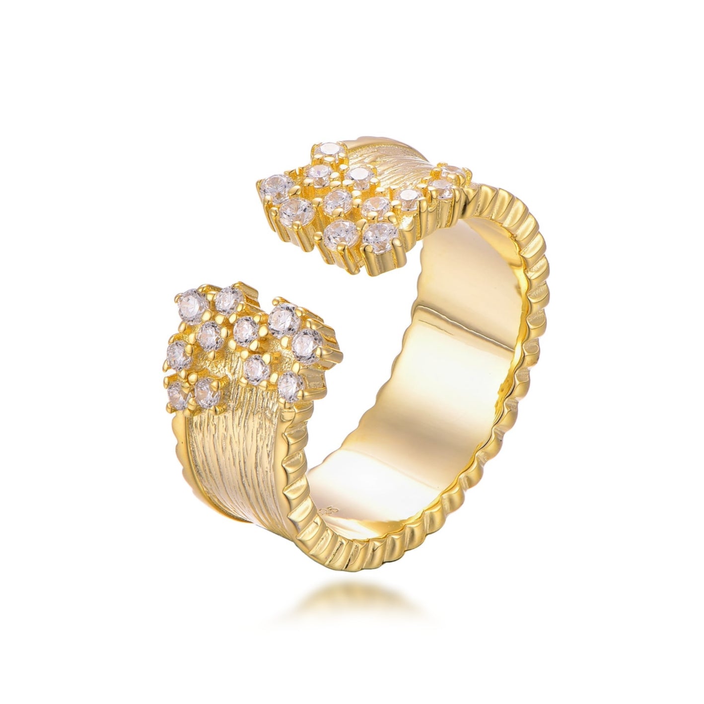 Sterling Silver Brushed Gold Plated Open Cuff Sprinkled CZ Ring