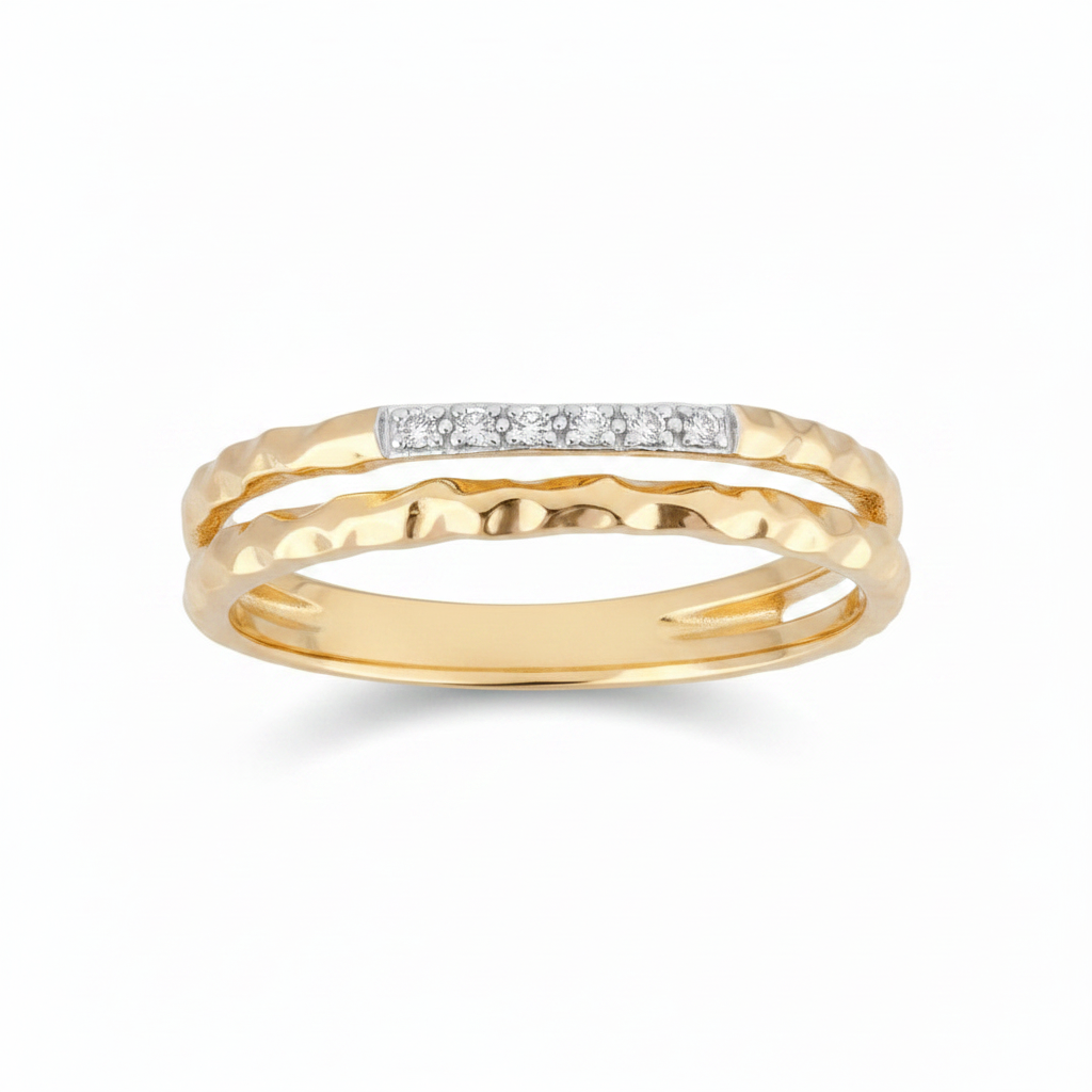 Double Band Hammered Gold Ring with CZ Bar