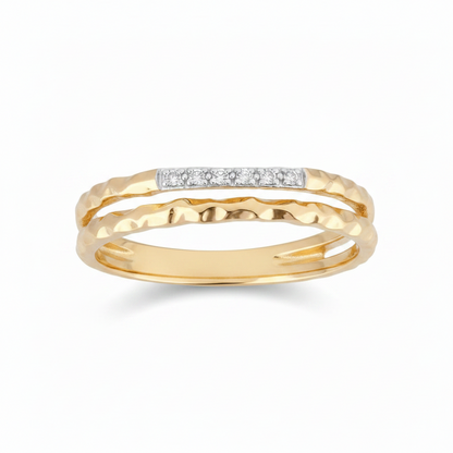 Double Band Hammered Gold Ring with CZ Bar