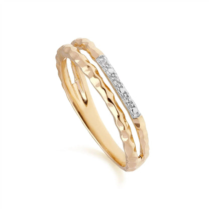 Double Band Hammered Gold Ring with CZ Bar