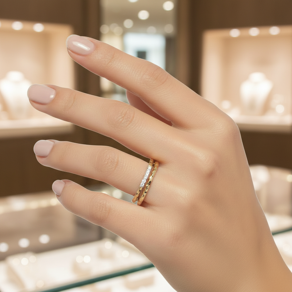 Double Band Hammered Gold Ring with CZ Bar