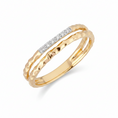 Double Band Hammered Gold Ring with CZ Bar