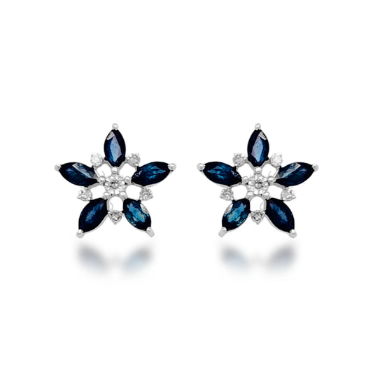 10K Gold Diamond and Sapphire Flower Stud Earrings