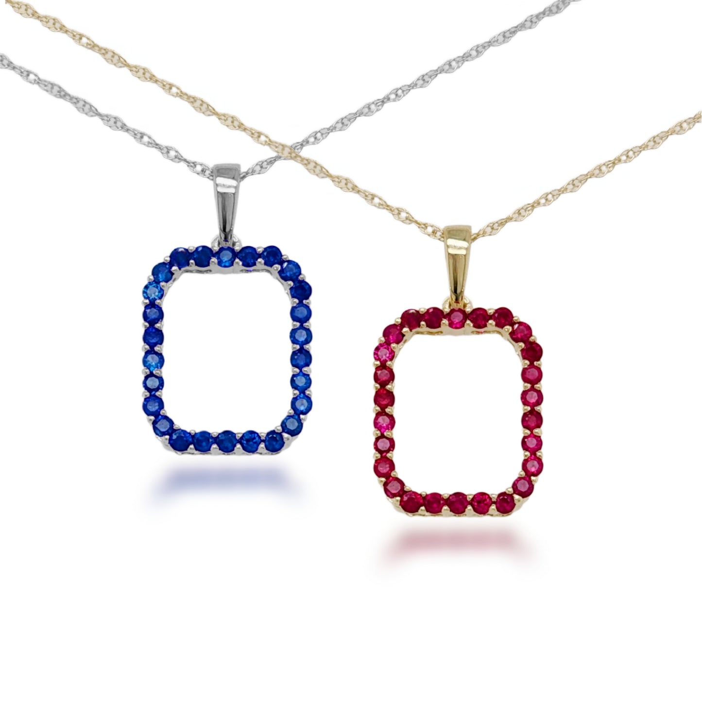 10K Gold Rectangular Sapphire or Ruby Pendant Necklace