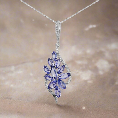 14K Gold Diamond and Tanzanite Flower Necklace