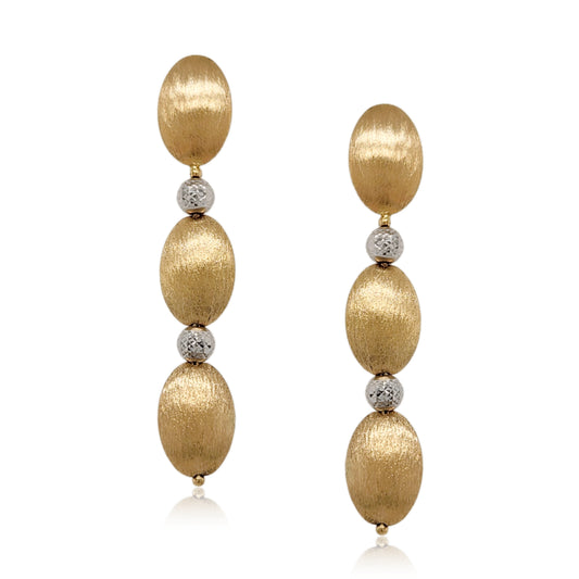 14K Brushed Gold Three Oval Diamond Cut  Earrings