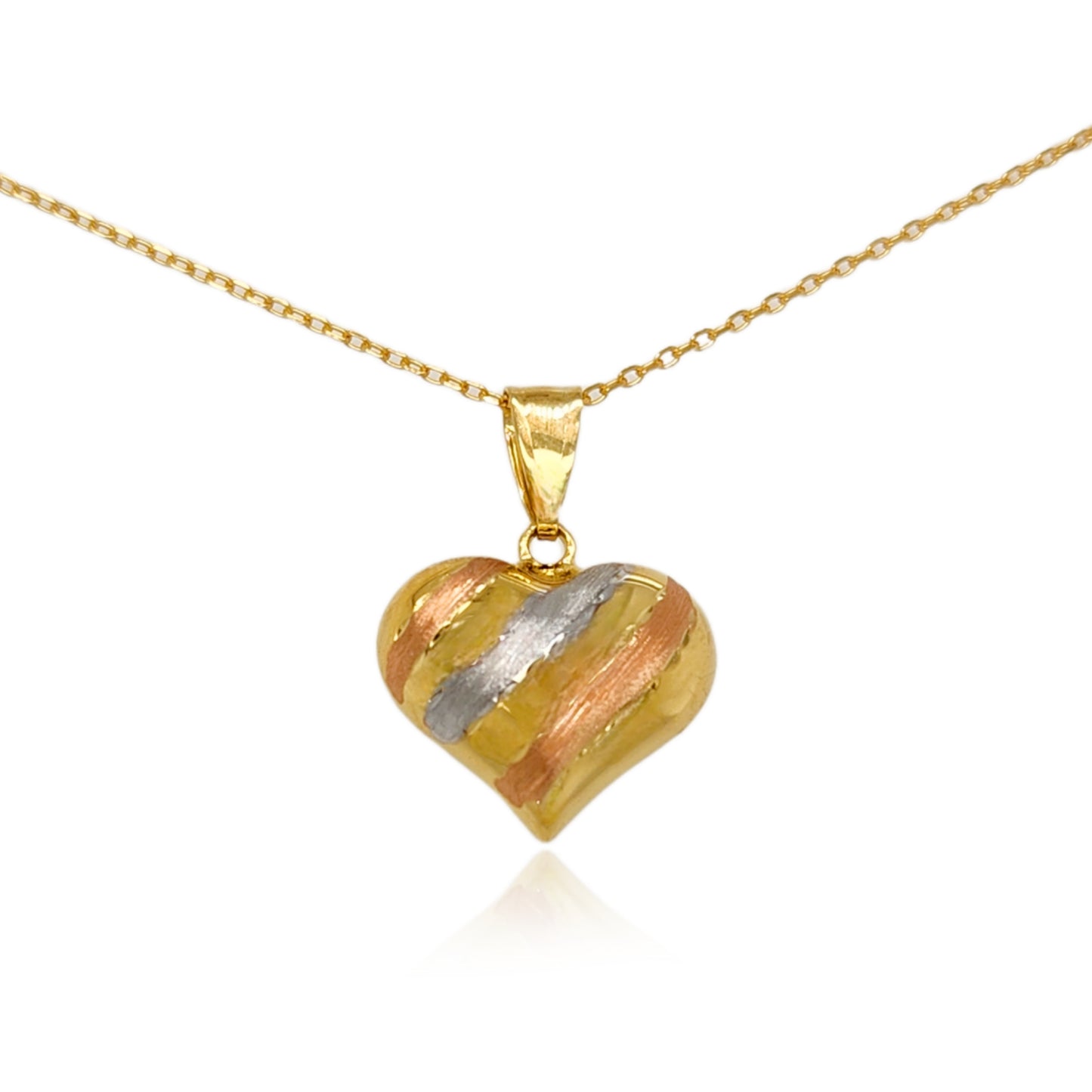 14k Gold Tricolor Puffy Heart Pendant Necklace