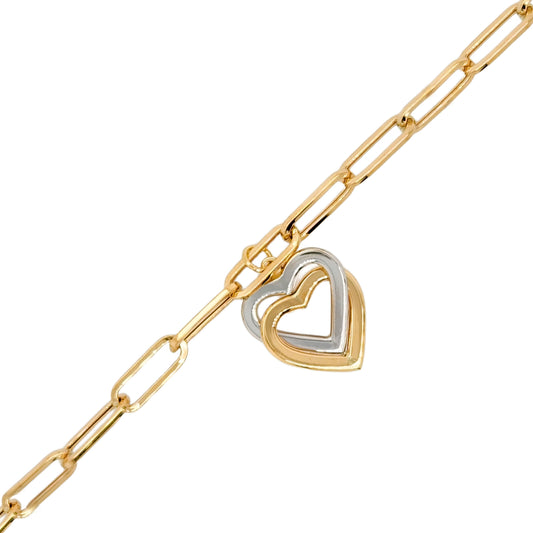 14k Gold Paperclip Bracelet With Center Hanging Two Tone Double Heart