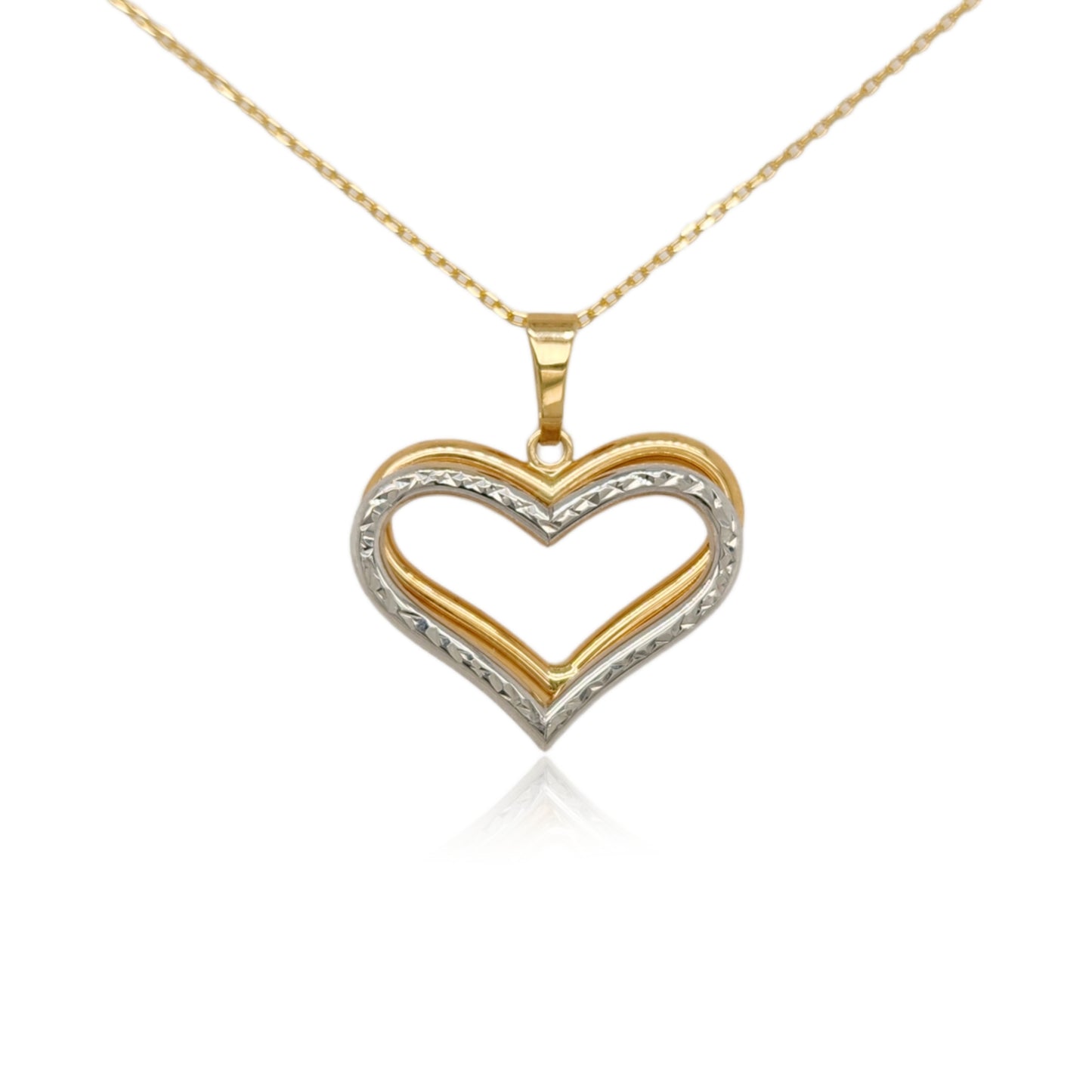 14k Gold Double Heart Two Tone Diamond Cut Pendant Necklace