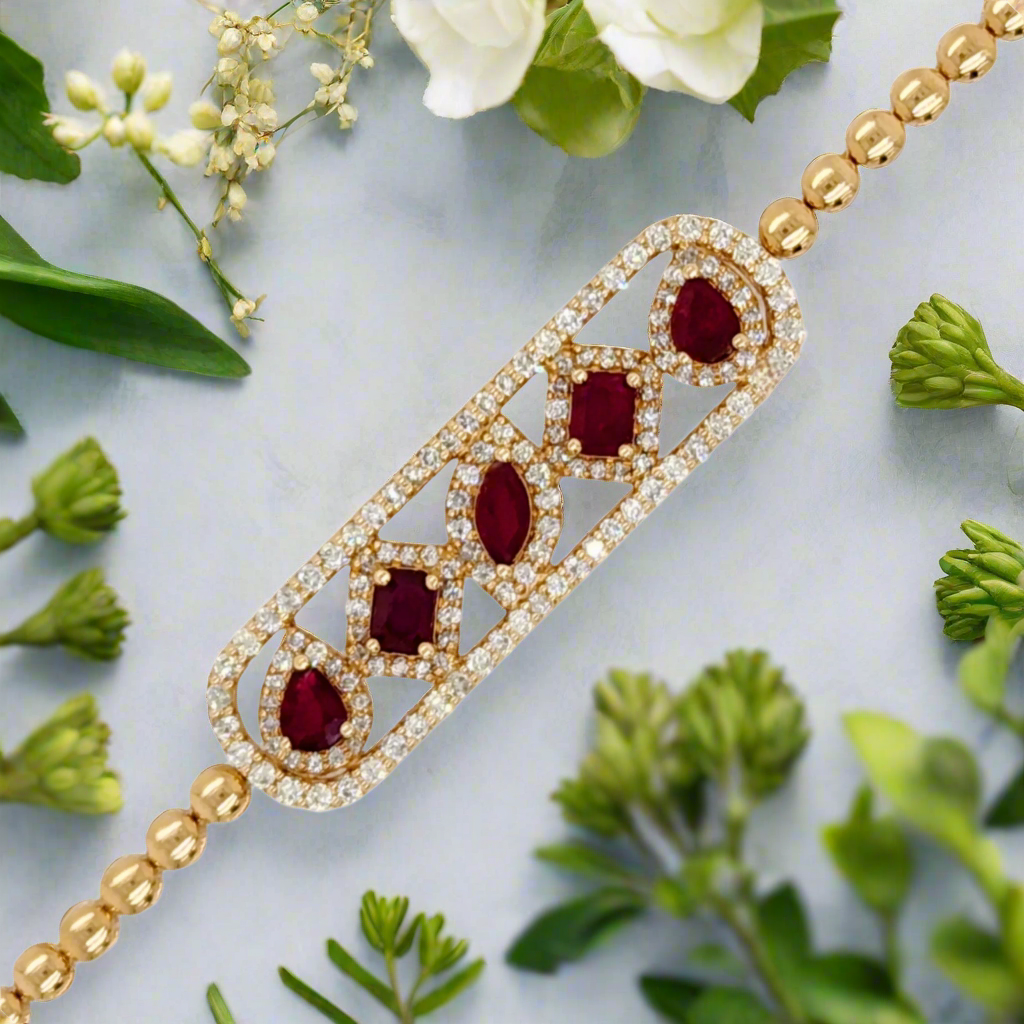 14K Gold Center Ruby and Diamond Section Bracelet