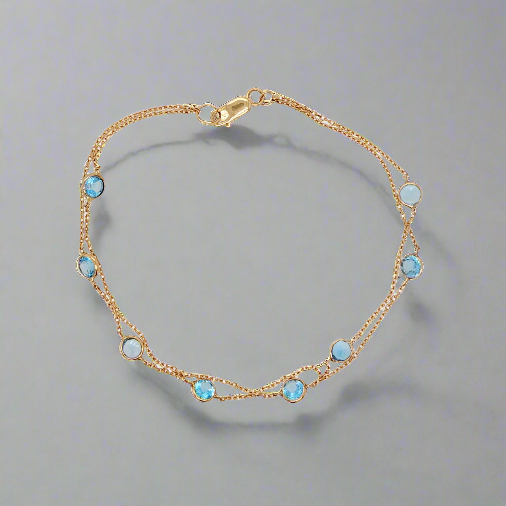 14K Double Strand Blue Topaz Gemstone Bracelet