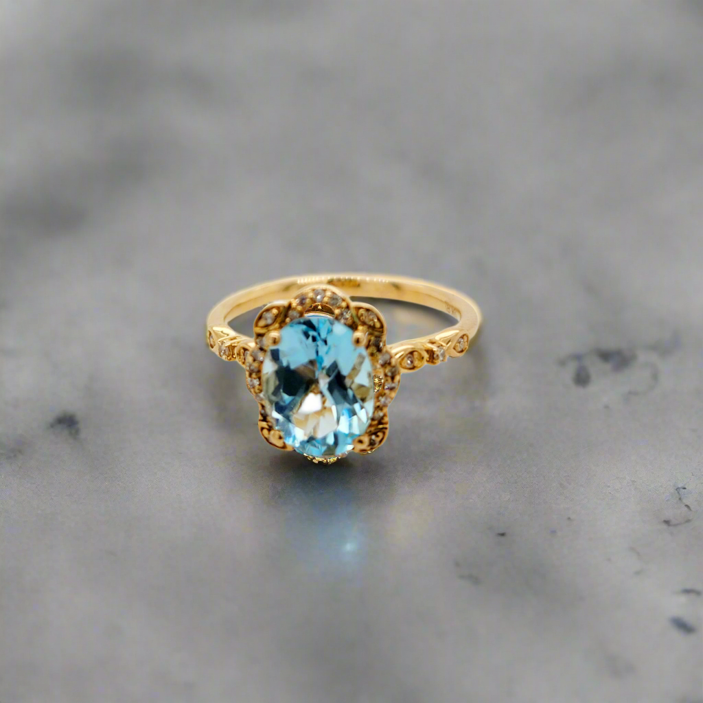 10K Yellow Gold Diamond With Blue Topaz Ring