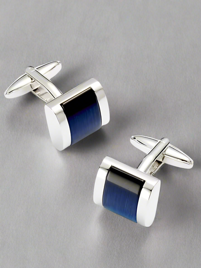 Rhodium Plated Curved Rectangular Blue Cufflinks