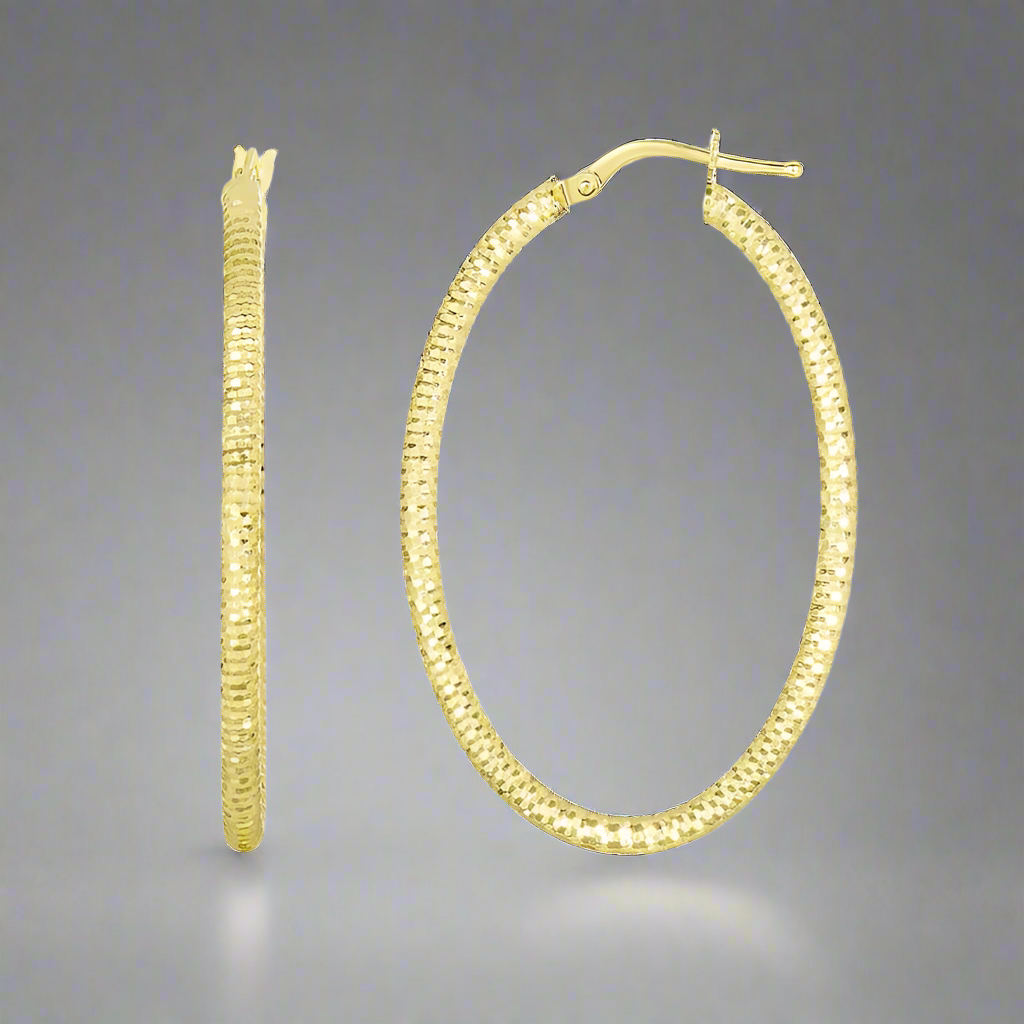 14K Gold Textured Oval Hoop