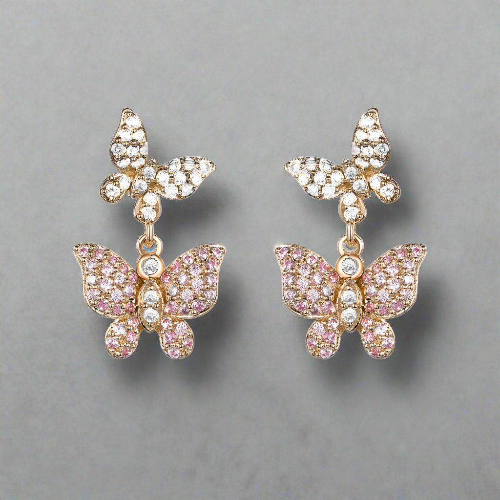 Rose Gold Plated Sterling Silver Double Butterfly Earrings