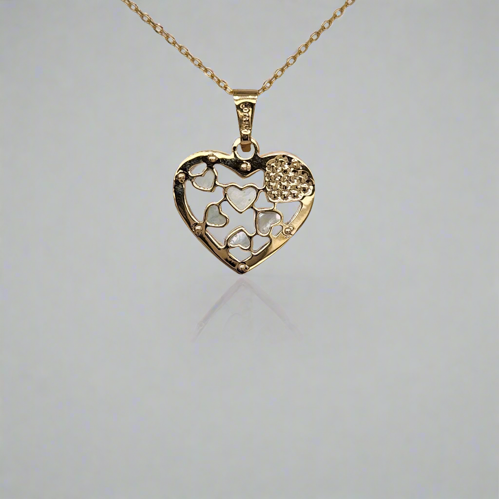 14k Gold Mother of Pearl Hearts Pendant Necklace