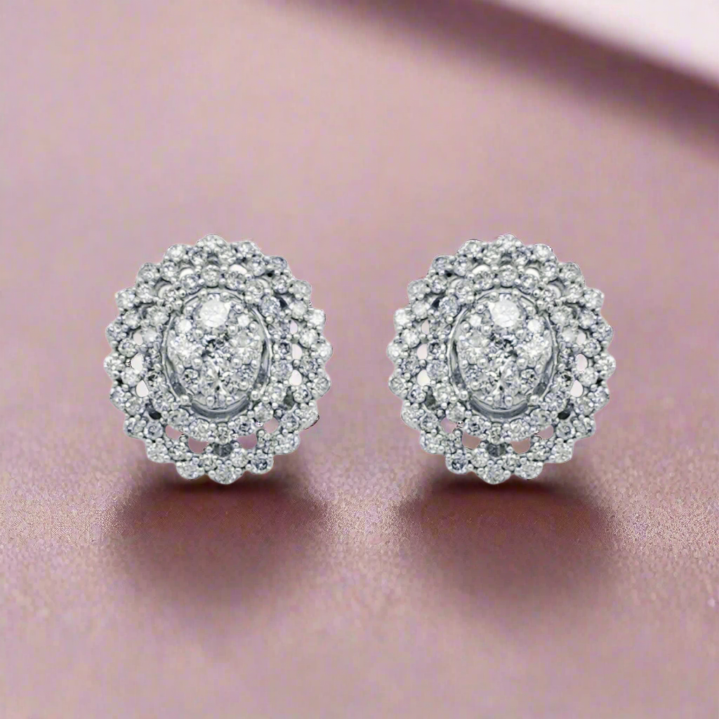 10K Gold And Diamond 3-Tier Oval Stud Earrings