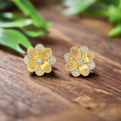 Sterling Silver Gold Plated Flower With CZ Stud Earring